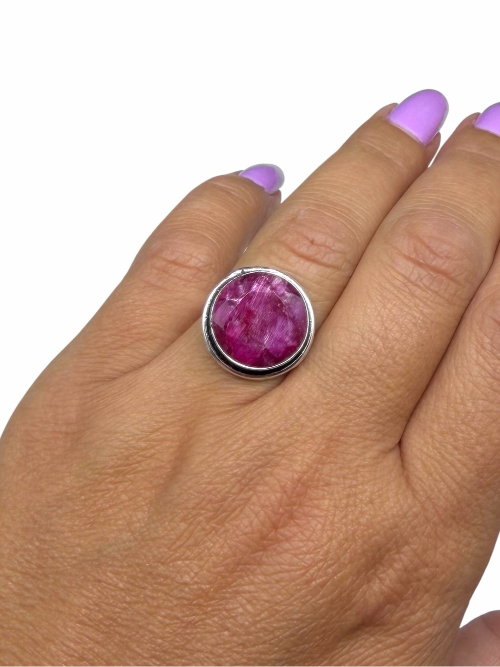 Ruby Ring Size 6 925 Sterling Silver Overlay Round Faceted Stone - Picture 2 of 5